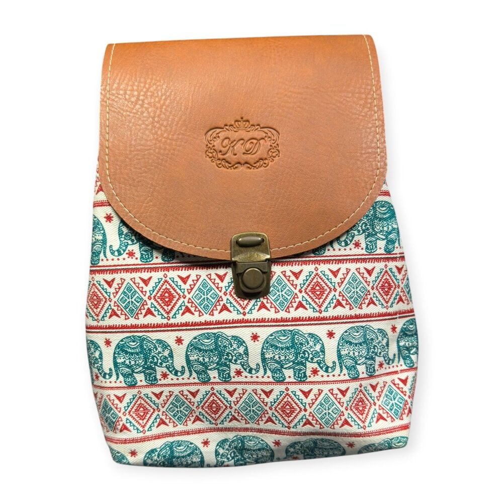 Multi Color Canvas Boho Backpack Travel Bag Green Elephant Retro Design